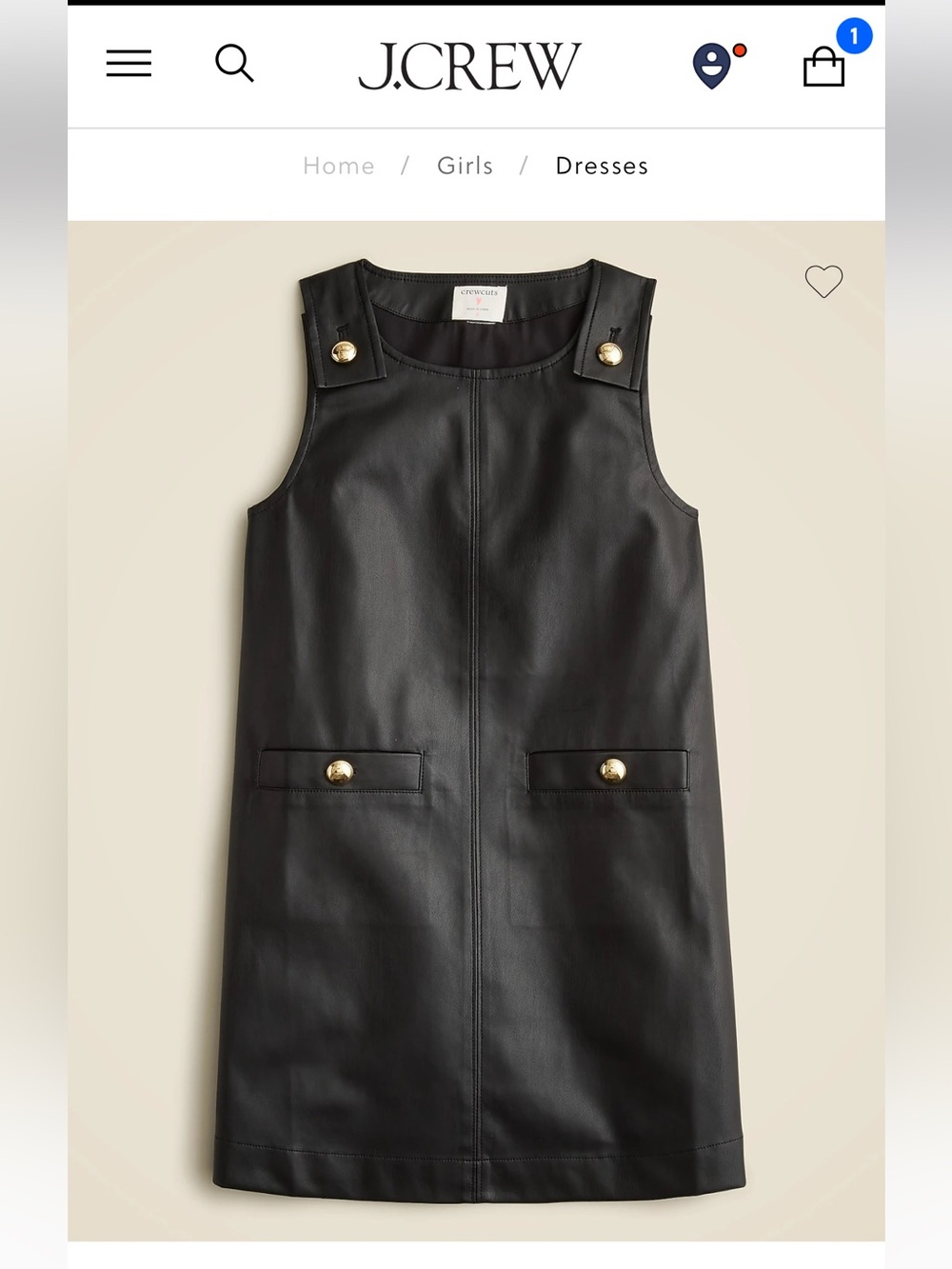 J. Crew Girls Black Faux Leather Shift Dress with Gold Button Accents
